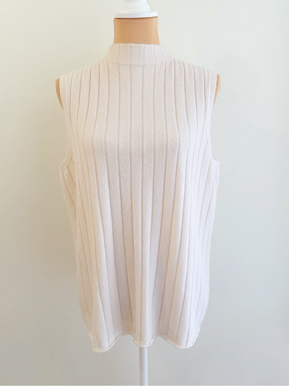 LAFAYETTE 148 CREAM RIBBED CASHMERE HIGH MOCK NECK TANK TOP BLOUSE